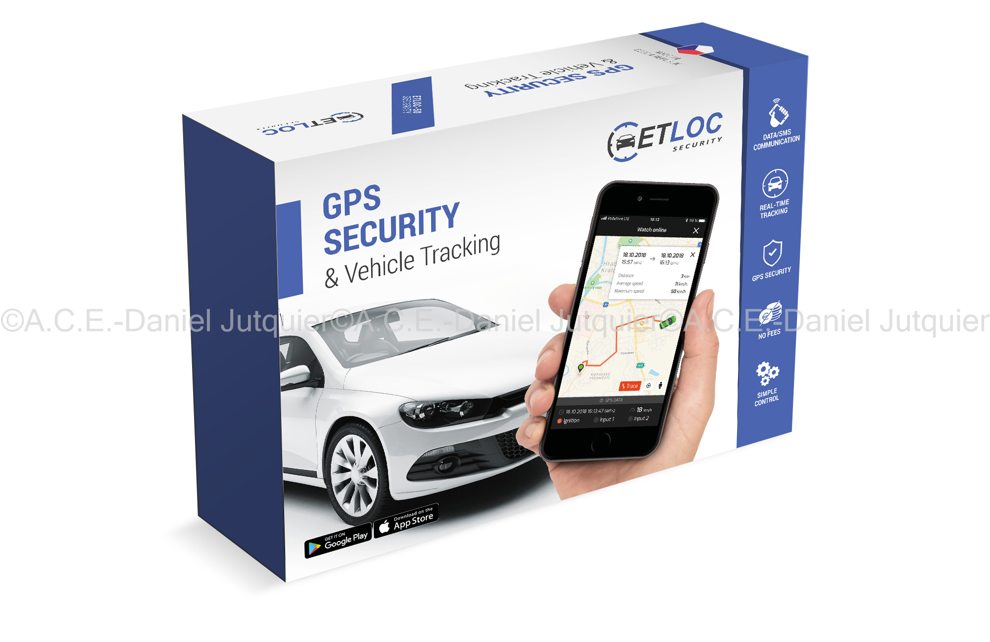 Originalverpackung des GPS Fahrzeug-Sicherheitssystems Etloc 50s,aceurope.at